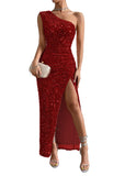 1 x RAW Customer Returns Justchicc Women Sexy One Shoulder Sleeveless Sparkling Sequin Party Dress Maxi Dress Red X-Large - RRP €80.66