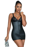 1 x RAW Customer Returns comeondear Leather Dress Women s Lace Dresses Sexy Lingerie Set Faux Leather Party Dress Wetlook Mini Dress Clubwear with G-String Large Sizes Lingerie Black I 3XL-4XL 48-50  - RRP €25.99