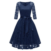 1 x RAW Customer Returns Odizli Evening Dresses Elegant for Wedding Cocktail Dress Women 3 4 Sleeve V-Neck Knee-Length Flower Lace Dress Festive Wedding Guest Short Ball Gown Graduation Dress Wedding Dress Navy Blue S - RRP €46.38