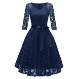 1 x RAW Customer Returns Odizli Evening Dresses Elegant for Wedding Cocktail Dress Women 3 4 Sleeve V-Neck Knee-Length Flower Lace Dress Festive Wedding Guest Short Ball Gown Graduation Dress Wedding Dress Navy Blue M - RRP €46.38