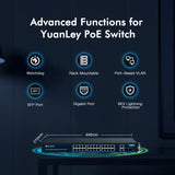 1 x RAW Customer Returns YuanLey 28-Port Gigabit PoE Switch with 24 Ports PoE at 400W, 2 Gigabit Uplink Ports, 2 SFP, Rugged Metal for Desktop Rack Mount, AI Watchdog, VLAN, Plug and Play, Unmanaged - RRP €199.99