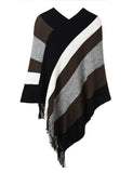 5 x Brand New Ferand - Knitted Poncho Pullover for Women - Stole, Elegant Shawl, Large Stripes and Fringes Design, Warm - One Size - Brown Gray - RRP €149.95