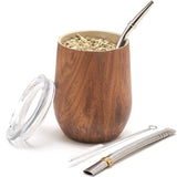 1 x RAW Customer Returns balibetov - New - Modern Yerba Mate Gourd Set Mate Cup - Double-walled 18 8 stainless steel Includes two bombillas and a cleaning brush WOOD, 355 ml  - RRP €20.64