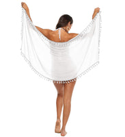 3 x RAW Customer Returns DAMILY Women Swimwear Cover-Up Beach Pareo Large Bikini Cover-Up with Pom White  - RRP €54.42