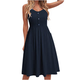 1 x RAW Customer Returns Yageshark Summer Dress Women s Plain Spaghetti Swing Beach Dress Knee-Length A-Line Button Dress Midi Dress Navy, Large  - RRP €25.98