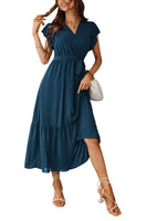 1 x RAW Customer Returns Awemeal Dress Women Summer Elegant V-Neck Short Sleeve Long Summer Dress Boho Floral Dress with Belt Ruffle Hem Wrap Dress Beach Dress A Line Flowing Maxi Dress XL, Lake Blue  - RRP €39.99