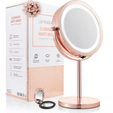 1 x RAW Customer Returns LILY ENGLAND Makeup Mirror with Lights - 2 in 1 Magnifying Vanity Mirror, Round Tabletop Mirror with LED Lights Compact Makeup Mirror Included, Rose Gold - RRP €27.13