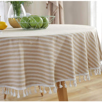 1 x RAW Customer Returns meioro Round Striped Tablecloth Tablecloths Rund Round Linen Tablecover Tassel Striped Tablecloth Suitable for Indoor and Outdoor Use Apricot White Stripes, Diameter 150cm  - RRP €19.6