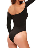 1 x RAW Customer Returns SEBOWEL Women s Stretch Off Shoulder Deep Bodysuit Long Sleeve Bodysuit Leotard Top Top, Black, M - RRP €24.99