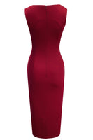 1 x RAW Customer Returns HOMEYEE Women s Vintage Sleeveless Slim Ruffled Business Pencil Dress B584 L, Dark Red  - RRP €36.44