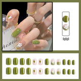 1 x Brand New Press on nails short, 24 pieces shiny green false nails heart fake nails with flowers and pearls for DIY nail art salon women girls - RRP €18.0