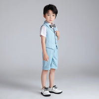 1 x RAW Customer Returns LOLANTA 4-piece children s leisure suit set, boys summer festive wedding suit, short-sleeved shirt, bow tie, vest, shorts, blue, 150 - RRP €37.91