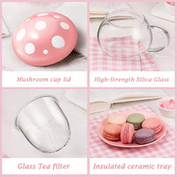 1 x RAW Customer Returns Rain House Glass Tea Cup, Cute Mushroom Cup with Mushroom Spoon, Strainer Filter, Transparent Teapot with Ceramic Lid, Coaster, Heat Resistant for Home and Office, 290ml Pink  - RRP €19.15