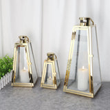 1 x RAW Customer Returns TRIROCKS Set of 3 Stainless Steel Candle Lanterns 54 40 27.5 cm H Metal Candle Holder for Outdoors Decorative Hanging Lantern with Tempered Glass for Home Living Room Parties Indoors Gold Triangle  - RRP €117.53