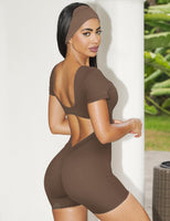 1 x RAW Customer Returns ZAAYO Women s Jumpsuit Short Tight Scrunch Butt Bodysuit U Collar Body One Piece Yoga Sexy Backless Sports Overall Romper Gym Workout Bodycon Coffee XS - RRP €35.69