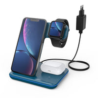 1 x RAW Customer Returns Minthouz 3 in 1 Fast Wireless Charger - 18W Wireless Charging with QC 3.0 Adapter - Docking Station Compatible with iWatch, AirPods, iPhone Series 14 13 12 X 8 etc. Blue  - RRP €21.6