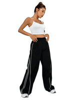 1 x RAW Customer Returns GORGLITTER women s wide leg trousers, elastic waistband, long trousers, loose leisure trousers with contrast piping, black L - RRP €34.27