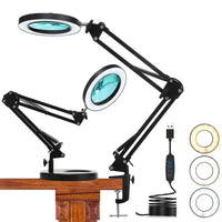 1 x RAW Customer Returns HJZ LED Magnifying Lamp, Workplace Lamp, 8 Diopter Magnifying Glass with Light - with Clamp Stand, Swivel Arm, Dimmable, 3 Color Modes, Magnifying Glass for Reading, Crafts - 8x Magnification Black  - RRP €44.29