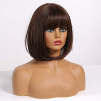 24 x Brand New Dark Brown Short Wig with Bangs 12 Inch Bob Shoulder Length Heat Resistant Straight Synthetic Hair Wig for Women Multiple Scenes - RRP €599.52