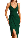 1 x RAW Customer Returns Missufe Cocktail Dress Party Dress Wrap Dress Summer Dress Midi Dress Women s Festive Elegant Bodycon Wedding Evening Dresses Sleeveless Spaghetti Strap Dresses Dark Green, X-Large  - RRP €47.99