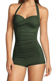 1 x RAW Customer Returns Viottiset Women s One-Piece Swimsuit Tummy Control Halter Twist Ruffle Swimwear Monokini Beach Army Green Large - RRP €35.28