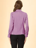 1 x Brand New Allegra K Women s Long Sleeve Ruffle V Neck Buttons Satin Shirt Blouse Purple M - RRP €27.55