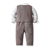 1 x RAW Customer Returns Volunboy Elegant Child Suit Shirts Bow Tie Caps Vest Trousers, Boy Clothing 5 Pieces Gentleman Wedding Ceremony 4-5 years, Brown, Size 120  - RRP €34.63