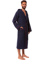 1 x RAW Customer Returns Morgenstern waffle pique bathrobe men in navy calf-length men s dressing gown with hood size XXL sauna robe housecoat summery spring blue - RRP €60.46