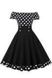 1 x RAW Customer Returns AXOE women s off-the-shoulder dress 50s cocktail dress with short sleeves knee-length black and white dotted size 38, M - RRP €36.29