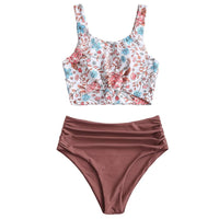 1 x RAW Customer Returns ZAFUL Two Piece Bikini Set, Knotted Top Tankini with Floral Print Sexy Beachwear Summer M, Floral Maroon  - RRP €39.99