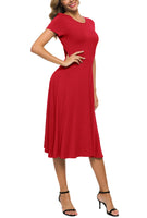 1 x RAW Customer Returns EXCHIC Women s Casual Round Neck A-Line Short Sleeve Midi Dress Summer Stretchy Knee Length Casual Dresses L, Red  - RRP €33.16