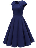 1 x RAW Customer Returns Homrain 1950s Vintage Retro Cocktail Dresses Women Short Sleeve Rockabilly Dresses Party Evening Dresses Swing Pleated Skirt Navy XS - RRP €34.81