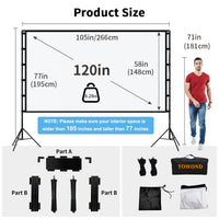 1 x RAW Customer Returns Projector Screen with Tripod, Towond 120 Inch Portable Indoor Outdoor Projector Screen, Wrinkle-Free Back Front 16 9 HD Foldable Projection Screen with Carrying Bag for Home Backyard Theater Nights - RRP €100.42