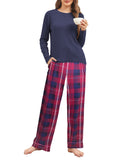 1 x RAW Customer Returns Famulily Pajama Sets for Women Soft Lounge Sets O-Neck Sleepwear Tops Printed Checked Long Pants Navy Blue XXL - RRP €29.23