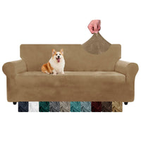 1 x RAW Customer Returns CHELZEN Velvet Couch Covers 3 Seater Thick Stretch Sofa Covers for Dogs Pets Non-Slip Sofa Slipcover Washable Furniture Protector for Living Room 3 Seater, Camel  - RRP €42.29