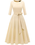 1 x RAW Customer Returns DRESSTELLS women s dresses for wedding guests 1950s retro dress elegant swing A-line cocktail dress with belt retro pleated skirt knee-length midi length champagne L - RRP €52.99