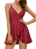 2 x Brand New SHEKINI One Piece Swimsuit Women Swimsuit Dress V-Neck Cross Side Ties up Swimming Dress Adjustable Shoulder Strap Ruched Elegant Ruffle Hem Swimsuit Women Wine Red, S  - RRP €64.52