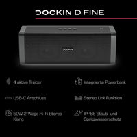 1 x RAW Customer Returns DOCKIN D FINE EVO Bluetooth speaker outdoor indoor 50W TEST WINNER - Large Bluetooth box with equalizer APP - 12h playing time 7,800 mAh - Replaceable battery - Power bank stereo link function - RRP €139.95