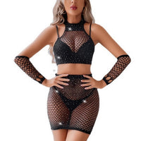 1 x Brand New HOTSO Women s Sexy Fishnet Lingerie Set, Mesh Bodystocking Bikini Cover Elasticity Fishnet Body See-through Bodysuit with Hanging Neck for Woman Style Valentine s Day Party Sand - RRP €27.6