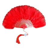 1 x RAW Customer Returns Vintage Style Folding Dance Fan with Lace Tassels Cheongsam Double Side Feather Party Cosplay Costume, Red - RRP €22.8