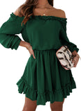 1 x RAW Customer Returns Dokotoo Dress Women Long Sleeve Elegant High Waist Solid Color Off Shoulder A-Line Mini Dress Party Dress Casual Dress Dating Dress Summer Dresses Ruffle Dress Green XL - RRP €30.24