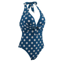 1 x RAW Customer Returns VILOREE Rockbilliy 50s Women s One Piece Swimsuit Swimwear Monokini Halterneck Tummy Control Blue with White Polka Dots-2 L - RRP €28.02