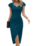 1 x RAW Customer Returns Missufe Elegant Cocktail Dress Bodycon Wrap Dress Midi Dress Women s Party Dress Summer Dress Vintage Ruffle Dress Dresses Peacock Blue, Small  - RRP €48.99