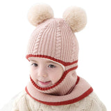 1 x RAW Customer Returns Ugitopi Baby Girls Boys Winter Fleece Lining Hat Toddler Knitted Hood Scarf BeaniesPom, Beige - RRP €27.6