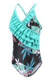 1 x RAW Customer Returns Aisyee Girls One Piece Swimsuit with Ruffles for Kids Girls 3-16 Years Floral Black 13-14 Years - RRP €27.6