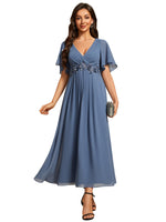 1 x RAW Customer Returns Ever-Pretty Wedding Guest Dress Appliqued Missing Ruffled Sleeves V-Neck Muslin Denim Blue 42 - RRP €81.99