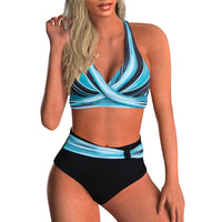 1 x RAW Customer Returns Baynetin Women s Bikini Set Two Piece Swimsuit V Neck Criss Cross Floral Pattern Sexy Push Up Swimwear Tummy Control Swimsuit Blue Stripes, M  - RRP €22.99