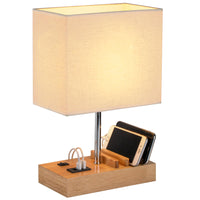 1 x RAW Customer Returns Dreamholder table lamp with 3 USB A C ports, 3 telephone stands, modern USB bedside lamp for bedroom, living room, office, bedside lamp with natural wooden base fabric shade - RRP €35.28