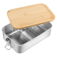 1 x RAW Customer Returns Huerous stainless steel lunch box with wooden lid, bamboo lid bento box with 2 compartments, metal box with wooden lid, bento lunch box school excursions lunch box school work picnic for adults 1400ml  - RRP €26.21