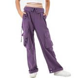 1 x RAW Customer Returns Rolanko Baggy Cargo Pants for Girls, Elastic Waist with Multiple Pockets Wide Leg Cargo Pants for Kids, Purple, 13-15 Years,170 - RRP €33.24